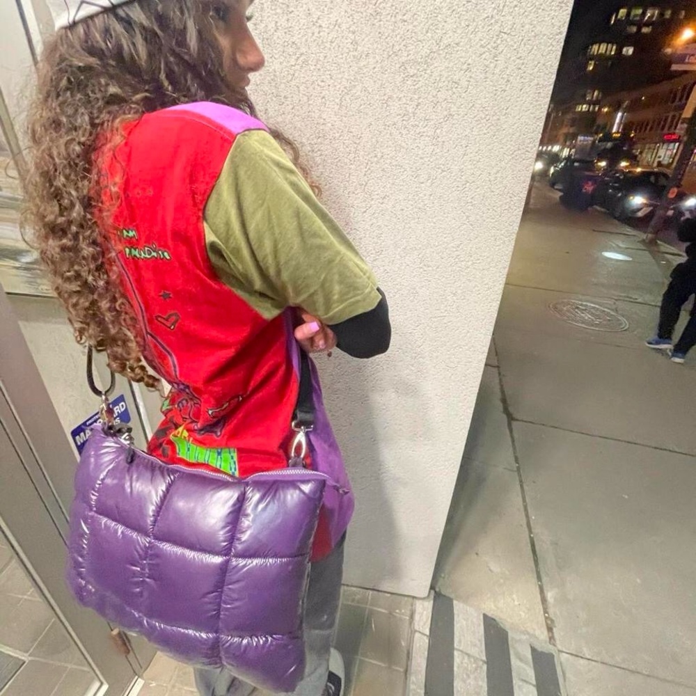purple crossbody bubble / puff bag